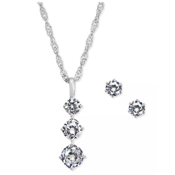 New CHARTER CLUB Triple Crystal Pendant Necklace & Stud Earrings Set - Picture 1 of 5